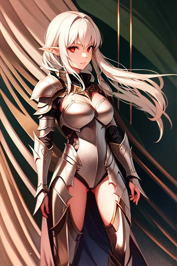 mature female elf, full body, long white hair, pointed ears, white skin, red eyes, confident expression, full plate adorned armor.