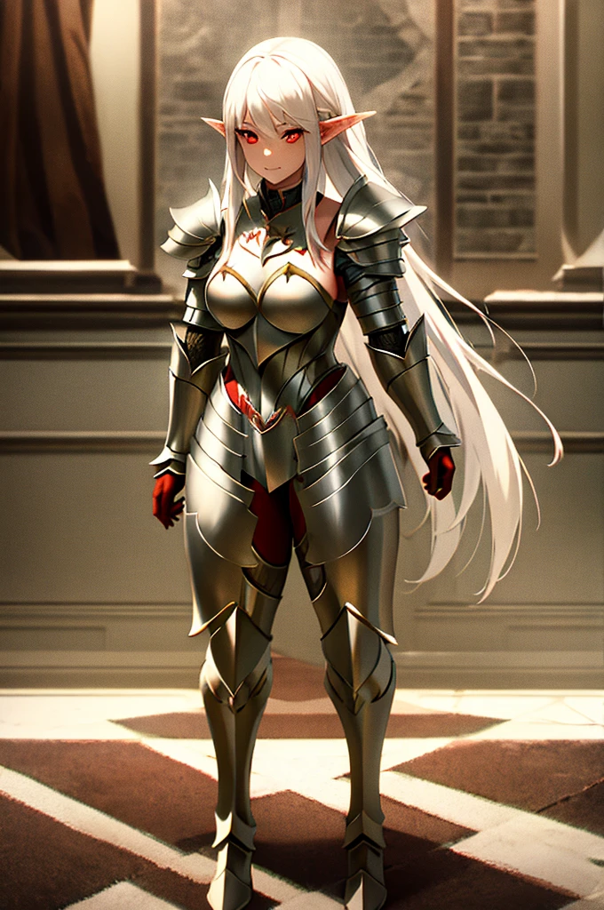 mature female elf, full body, long white hair, pointed ears, white skin, red eyes, confident expression, full plate adorned armor.