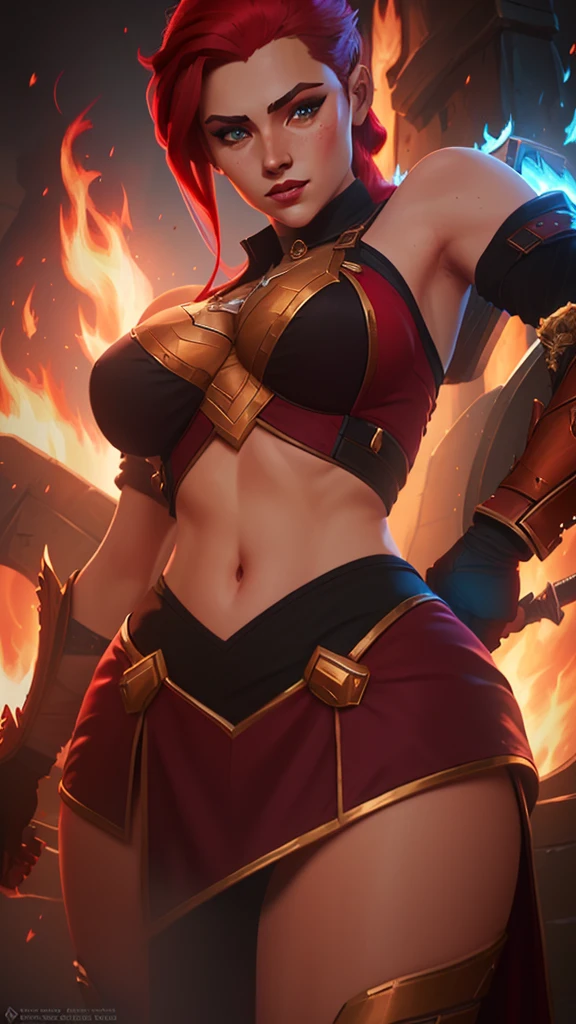 a close up of a woman with a sword and a fire in the background, alexstrasza, extremely detailed artgerm, miss fortune, brigitte from overwatch, katarina, miss fortune league of legends, brigitte, deviantart artstation cgscosiety, inspired by rossdraws, redhead queen in heavy red armor, wlop and rossdraws