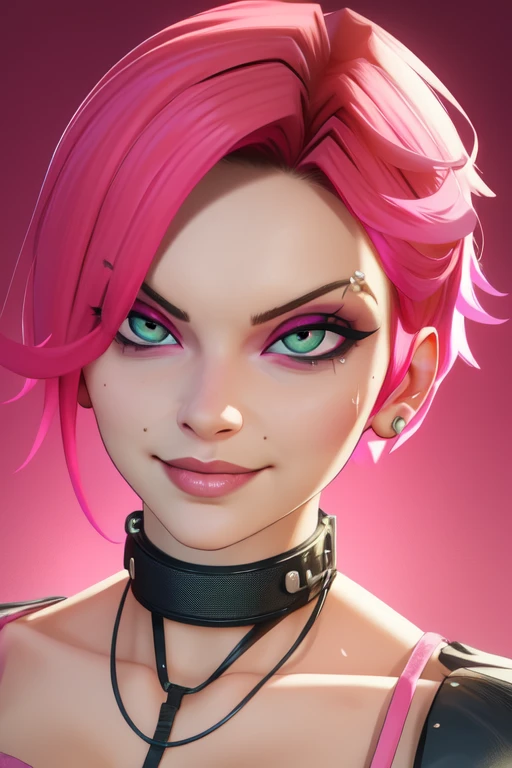 Judy, short hair, pink hair, green eye, piecing's, looking at viewer,  smile, serious,   cleavage, 
 facing viewer, 
speakers,  underworld, red sky, 
(insanely detailed, beautiful detailed face, masterpiece, best quality) 
 