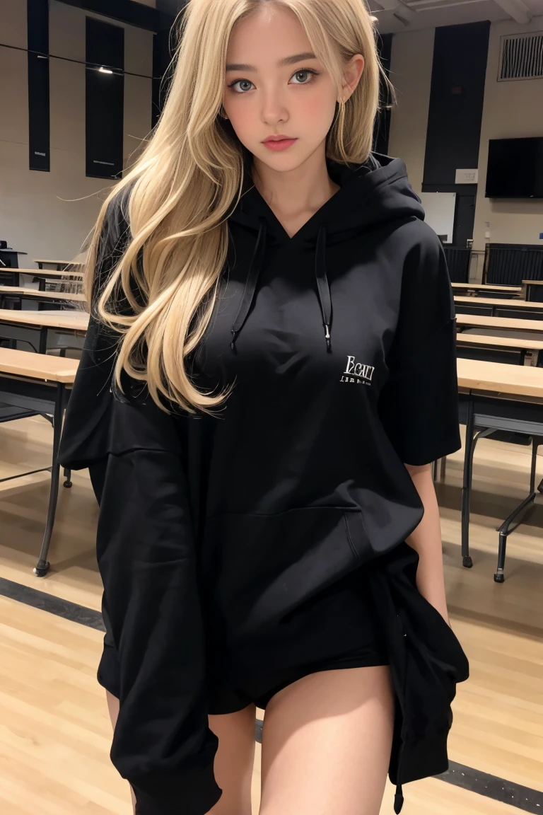 deux femmes blonde ensemble de 18 ans sexy et mince , black short sleeve hoodie , salle de classe, se touche,position sey,sensuel