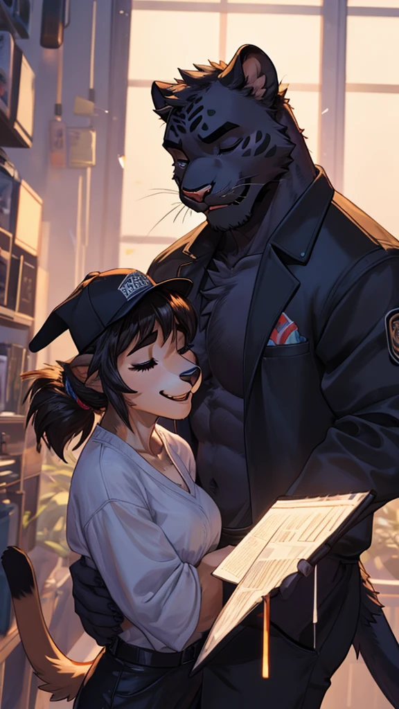 A male furry Panther is in the middle of a studio, exhausted from dance practice, wearing a cap and an open black jacket showing his chest. She looks all over her body and is happy about the test she just did.