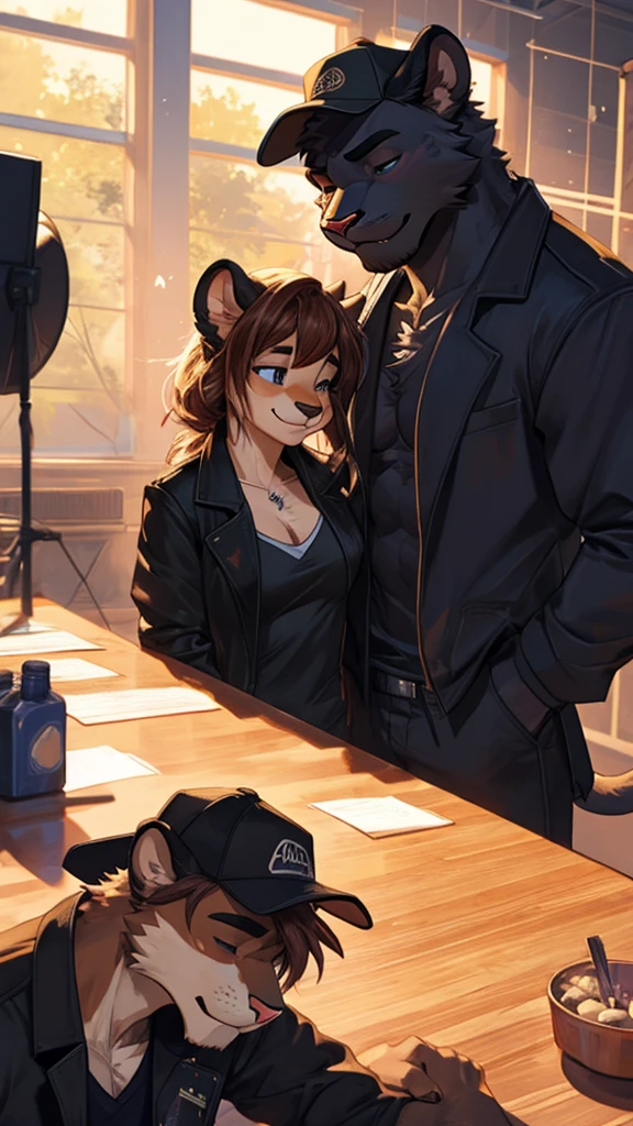 A male furry Panther is in the middle of a studio, exhausted from dance practice, wearing a cap and an open black jacket showing his chest. She looks all over her body and is happy about the test she just did.