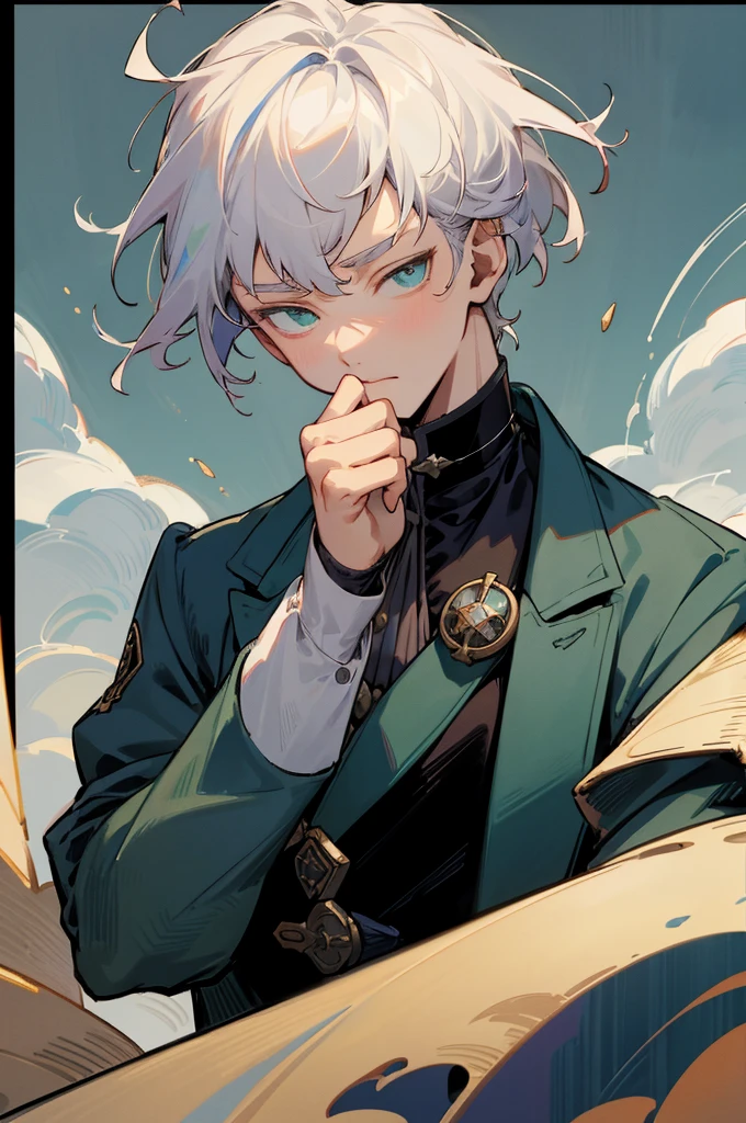 best quality,4k,8k,highres,masterpiece:1.2,ultra-detailed,realistic:1.37, half body, half body, half body, Johannes Kepler,1boy, one of the most famous astronomers in history, divine lighting,white hair, green eyes, blue coat, humorous, glimmering eyes, happy, brusque,unfocused gaze, with exquisite attention to detail, capturing his iconic features and expressions. He is wearing a stylish Blue attire that combines the fashion of the 17th century with the unique aesthetic of "Bungo Stray Dogs". depicted with beautiful detailed eyes, reflecting his curiosity and intelligence