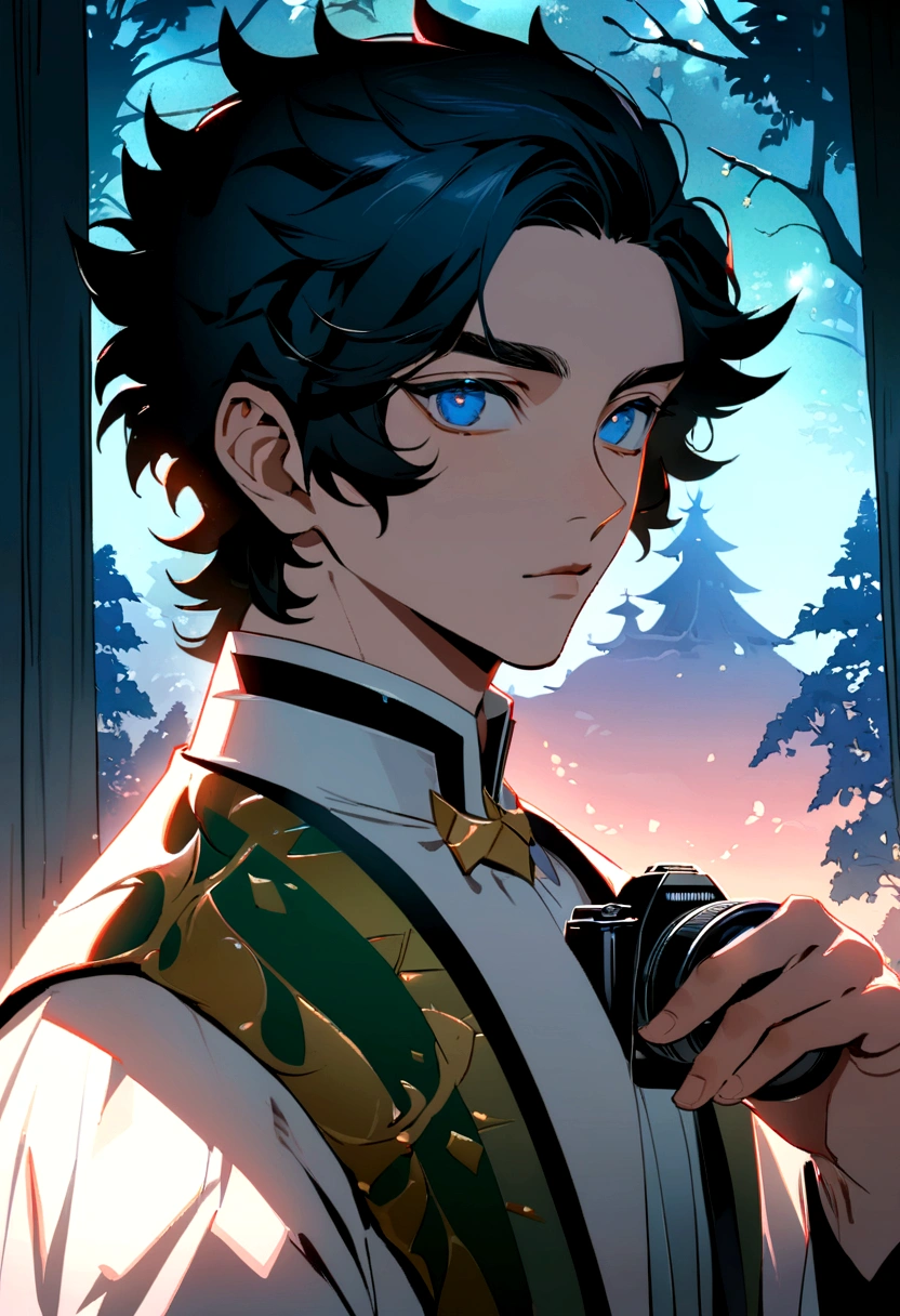 anime - style image of a man holding a camera in his hand, delicate androgynous prince, anime portrait of a handsome man, anime handsome man, beautiful androgynous prince, handsome guy in demon slayer art, handsome anime pose, tall anime guy with blue eyes, artwork in the style of guweiz, anime lush john 8k woods, lofi portrait