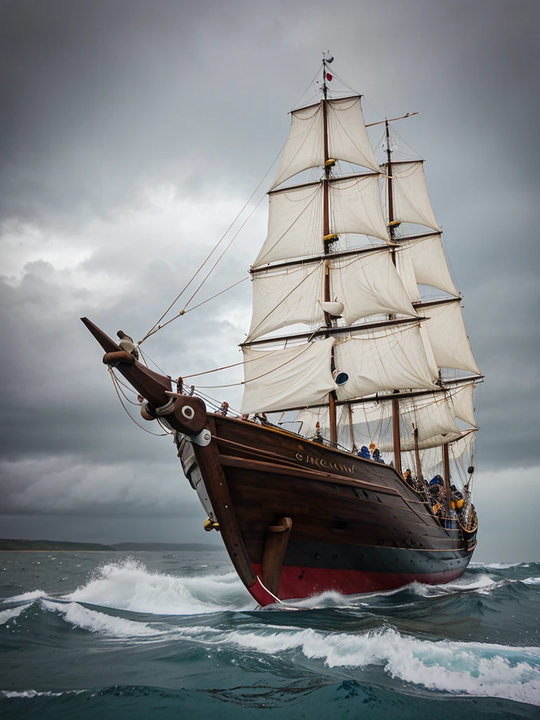 Viking ship sailing in heavy seas, crew rowing, sail at mast fully open, captain at stern of ship holding on to steering oar