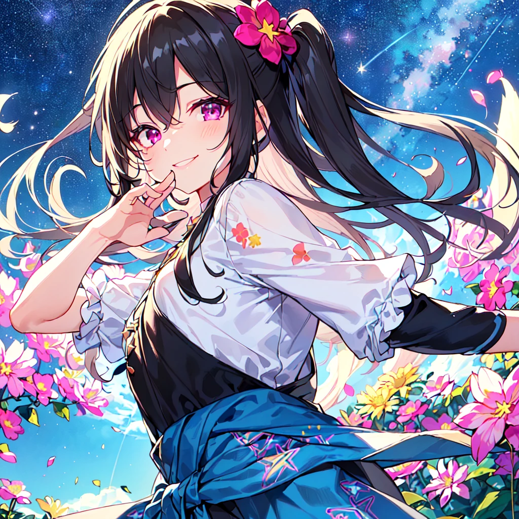 masterpiece, best quality, high quality, extremely detailed, very delicate and beautiful, (1 female 18 years old solo:1.2), (long black hair up to waist with two side up:1.4), bangs to eyebrows, eyes (eyes sharp, strong glossy glossy eyes, eyebrows glossy, (eye color magenta:1.3), 6.5 head height, (southern star flower and star summer print fashion:1.3), knee socks, ruffles, lace, (smiling), (running), (dynamic pose), (background southern star flower field: 1.3),(starry sky: 1.3), (upper body:1.3)