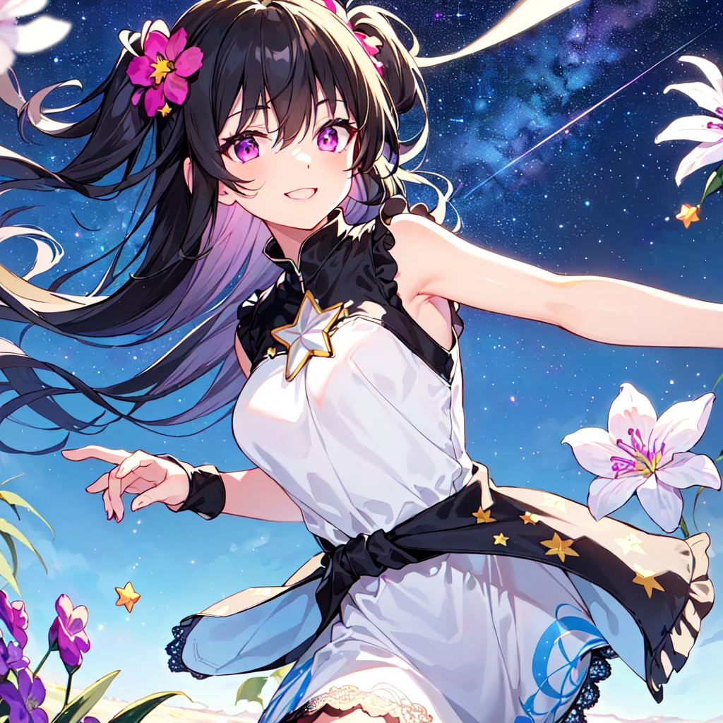 masterpiece, best quality, high quality, extremely detailed, very delicate and beautiful, (1 female 18 years old solo:1.2), (long black hair up to waist with two side up:1.4), bangs to eyebrows, eyes (eyes sharp, strong glossy glossy eyes, eyebrows glossy, (eye color magenta:1.3), 6.5 head height, (southern star flower and star summer print fashion:1.3), knee socks, ruffles, lace, (smiling), (running), (dynamic pose), (background southern star flower field: 1.3),(starry sky: 1.3), (upper body:1.3)
