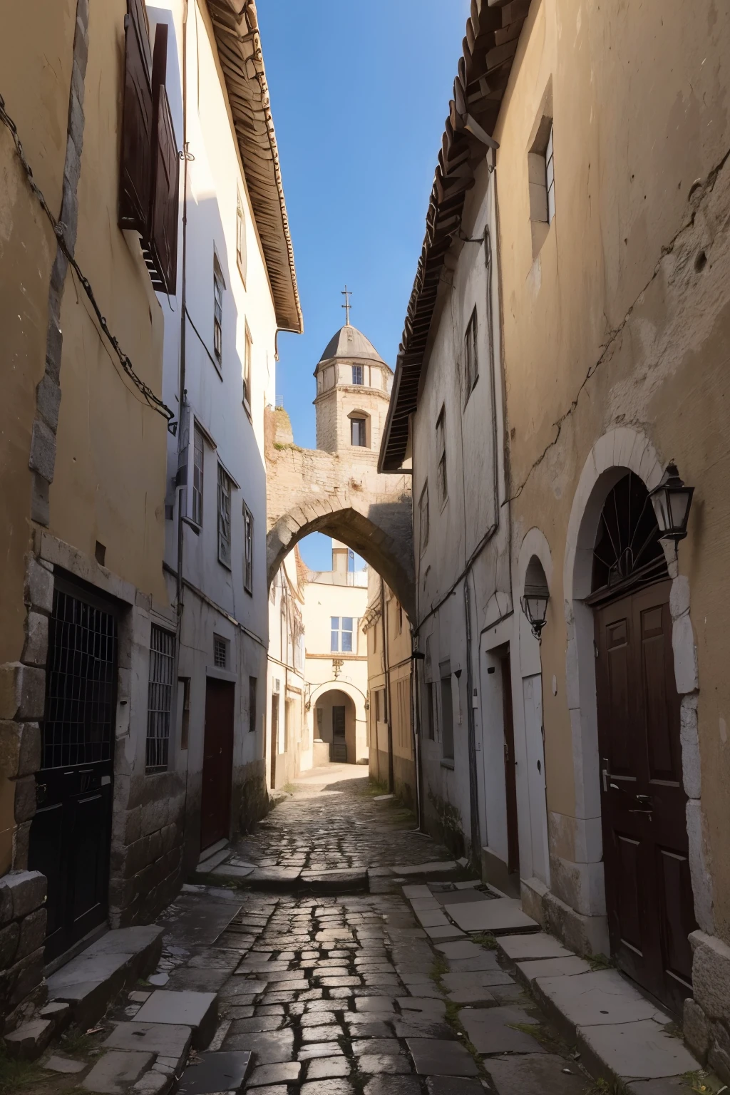 ((melhor qualidade)),Uma cidade medieval abandonada, with broken cobblestone streets ruined buildings the windows of the houses are black holes and an ominous shadow runs through the narrow alleys in the city center an ancient well seems to emit an unearthly glow, imagem mais dark