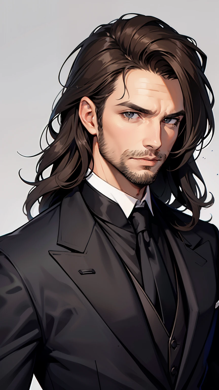 {8k image}, (((loosing black tie))), (masterpiece, best quality:1.4), portrait Solo, 30 years man, beard, european, brown eyes, serious eyes, black suit, brown medium hair, shoulder-length hair,wavy hair, sharp eyes, {looking directly at the viewer}, {facing forward}, {perfect anatomy}, {image focused only on the face}, {face portrait}, grey background,