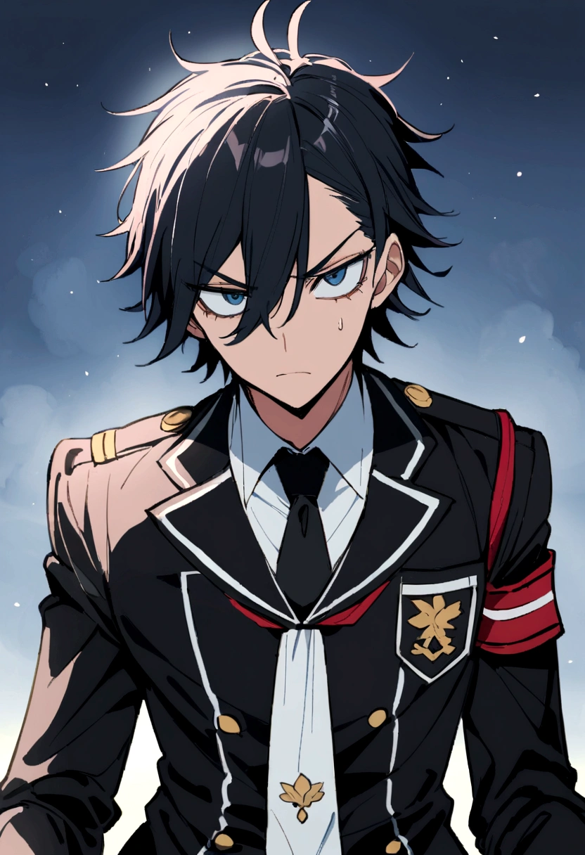 Hombre, cabello negro y azul corto, ojos amarillos intensos, pecas en la cara y una cicatriz en el ojo izquierdo, has a serious expression, lleva puesto el uniforme de la UA saco gris y corbata roja. En un anbiente escolar