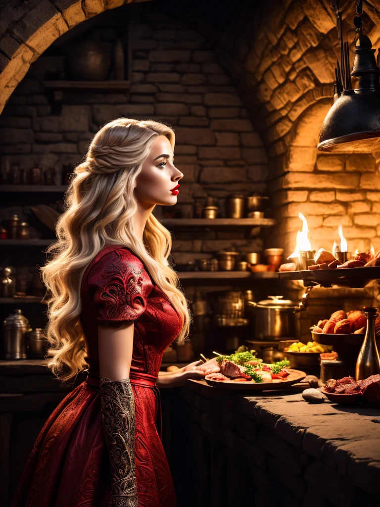 (side view), beautiful girl, blonde, red lips, (in red-black dress), cooking in medieval kitchen, medieval oven, meat, knife, vegetables, (detailed background:1.5), (intricate environment details), (hyperdetailed), (detailed skin and hair texture)+++, (ultra realism), (8K UHD), (ultra quality), (dslr)