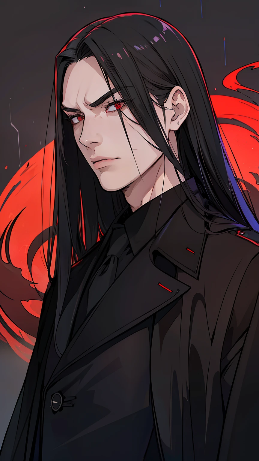 {8k image},  with intense rain，(((Long hair))), Vampire, One handsome young man of 30 years old ((thin body)), ((long black straight hair)), ((red eyes)), ((black trench fabric coat)), He wears a dark suit, consisting of black pants, a black cloak, a black shirt, and a black coat, which adds to his mysterious allure, (black shirt), an evil serious concentrated expression on his face, thin eyebrows, long eyelashes, serious thin face, a straight nose, (red smoke everywhere) {looking directly at the viewer}, {facing forward}, {perfect anatomy}, {image focused only on the face}, {face portrait}, grey background, 