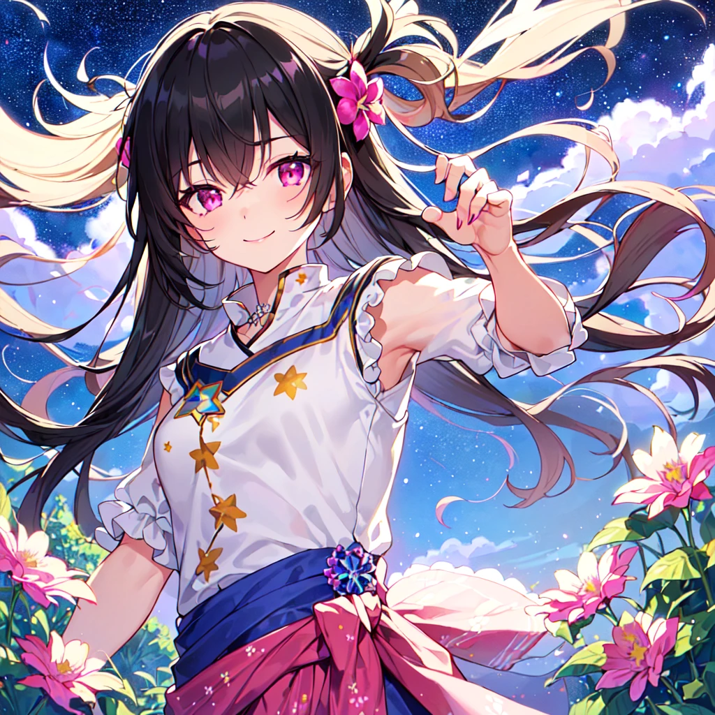 masterpiece, best quality, high quality, extremely detailed, very delicate and beautiful, (1 female 18 years old solo:1.2), (long black hair up to waist with two side up:1.4), bangs to eyebrows, eyes (eyes sharp, strong glossy glossy eyes, eyebrows glossy, (eye color magenta:1.3), 6.5 head height, (southern star flower and star summer print fashion:1.3), knee socks, ruffles, lace, (smiling), (running), (dynamic pose), (background southern star flower field: 1.3),(starry sky: 1.3), (upper body:1.3)