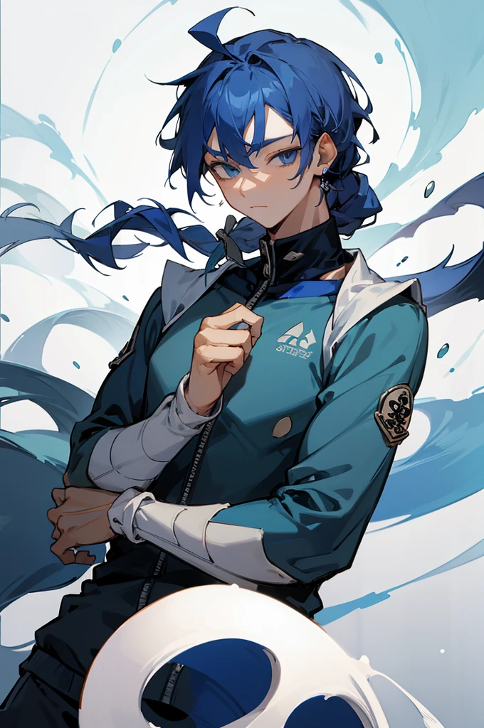 masterpiece, best quality, high quality, 1boy, solo, male focus, looking at viewer, upper body, aladdin_magi, blue hair, braid, long hair, blue eyes, jewelry, , , track suit
