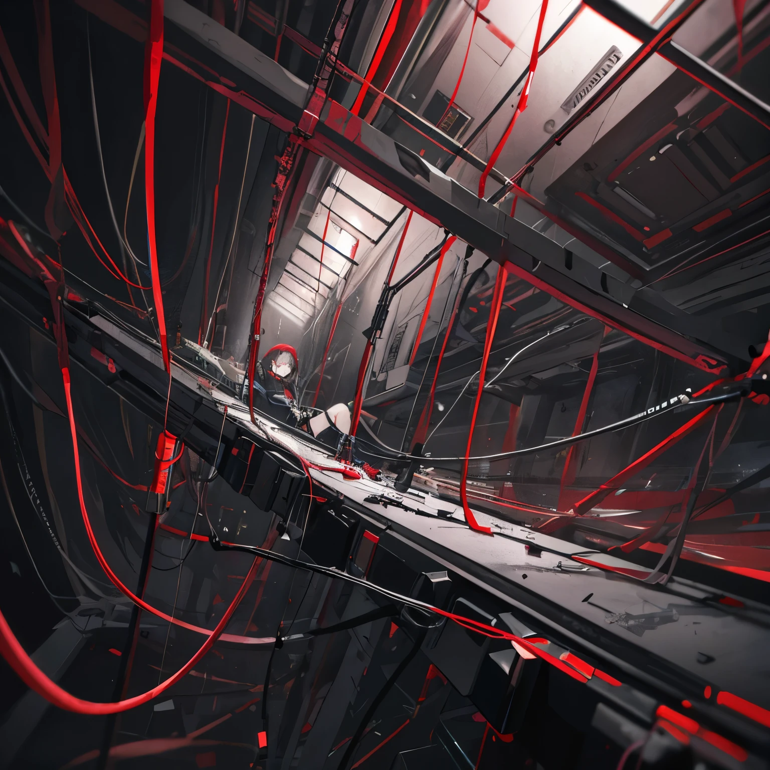 anime girl w-sitting hooked up to wires from above, dark cyberpunk atmosphere, black and red colors, cables laying around, messy, zoomed out shot, sideways perspective, high quality