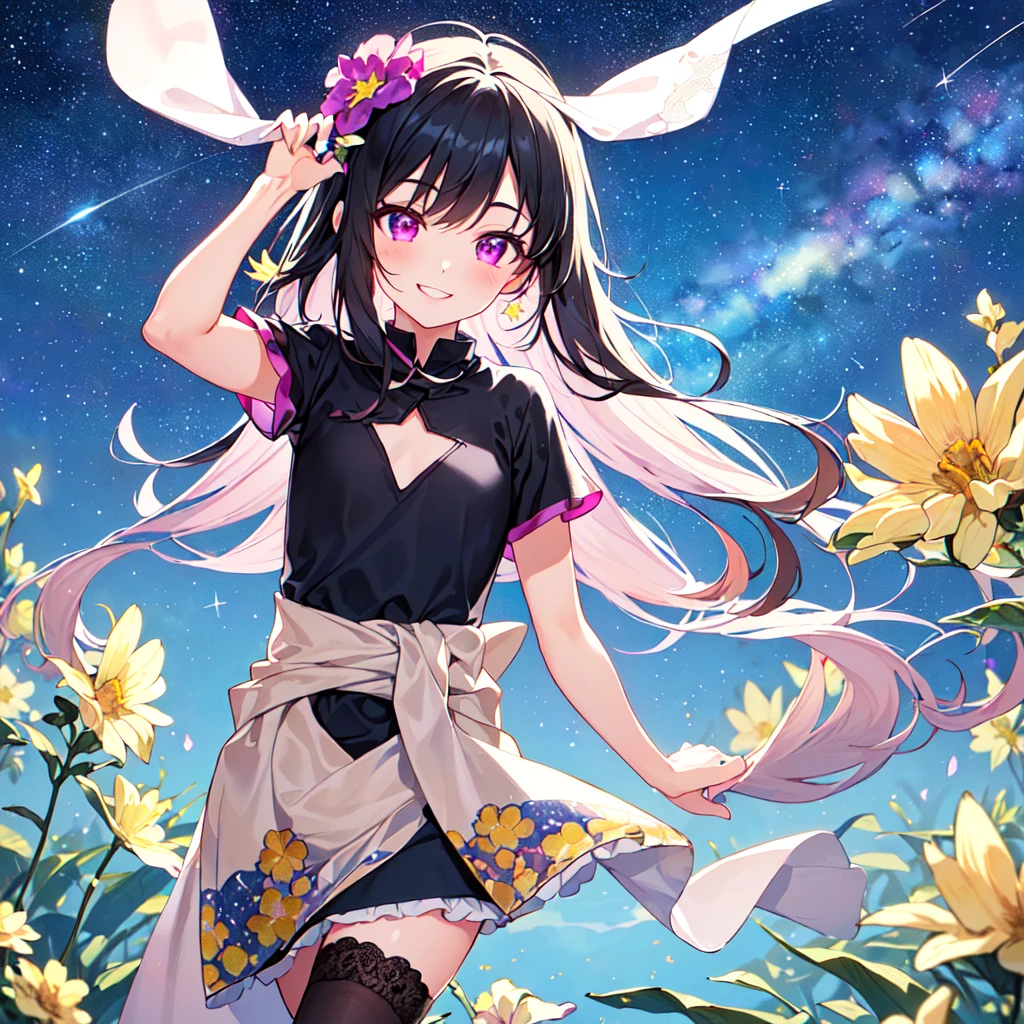 masterpiece, best quality, high quality, extremely detailed, very delicate and beautiful, (1 female 18 years old solo:1.2), (long black hair up to waist with two side up:1.4), bangs to eyebrows, eyes (eyes sharp, strong glossy glossy eyes, eyebrows glossy, (eye color magenta:1.3), 6.5 head height, (southern star flower and star summer print fashion:1.3), knee socks, ruffles, lace, (smiling), (running), (dynamic pose), (background southern star flower field: 1.3),(starry sky: 1.3), (upper body:1.3)