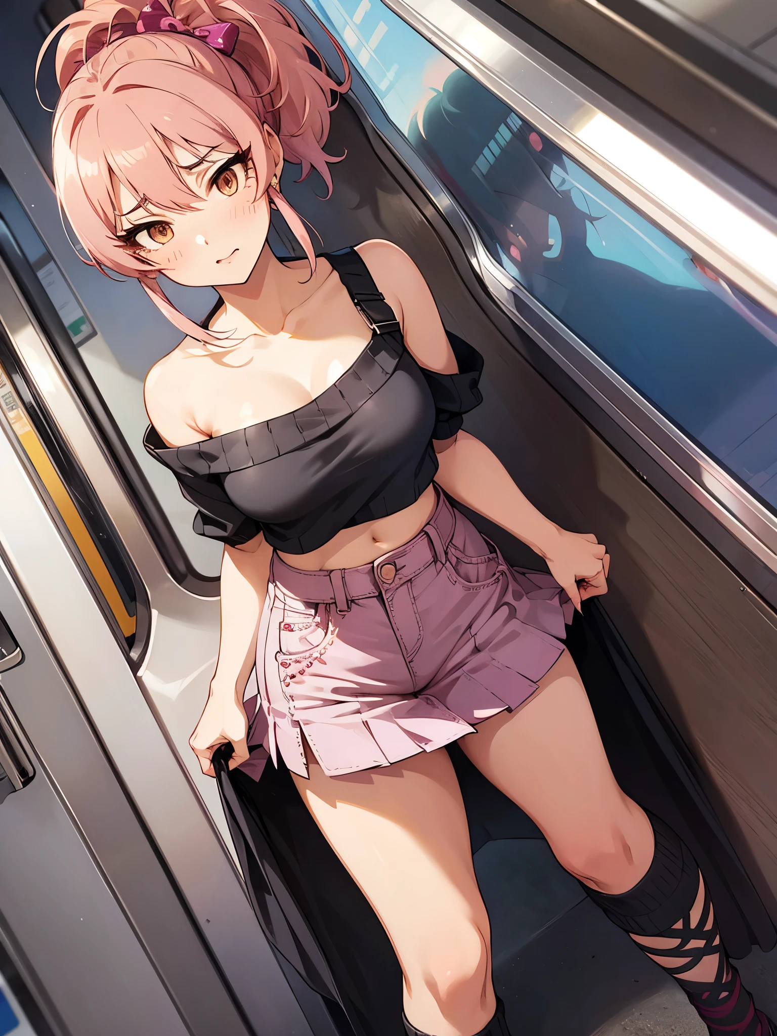 NSFW,Amica、ponytail、Hair Ribbon、clavicle,sweater,Off the shoulder,cropped,Pink plager,Denim tight mini skirt,stockings,Heel,(Perfect hands),(Perfect Anatomy),(masterpiece),(Highest quality),Embarrassed,blush,(train:1.5),Are standing