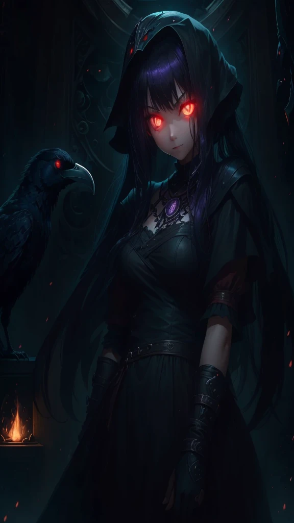 girl, dark, glowing eyes, evil, evil and scary look, raven nearby