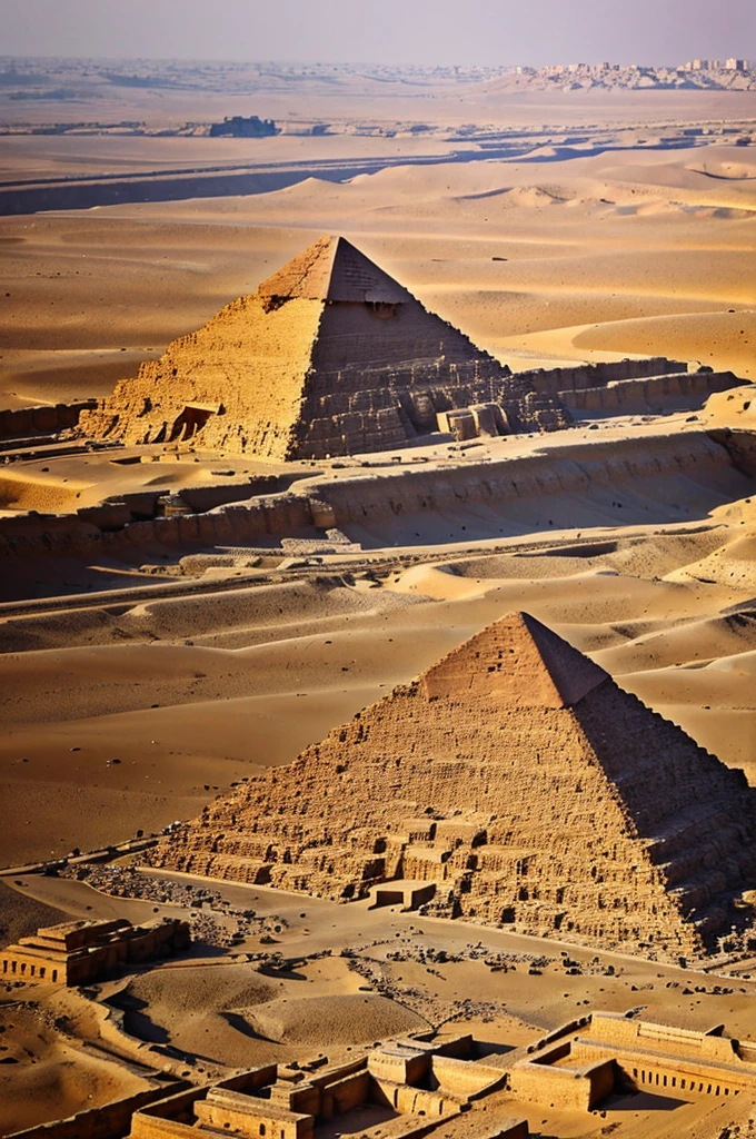 Bonjour, could you generate some nice photos of the view of the Egyptian pyramids area for me,with good resolution and interesting angles, preferably at sunrise or sunset.