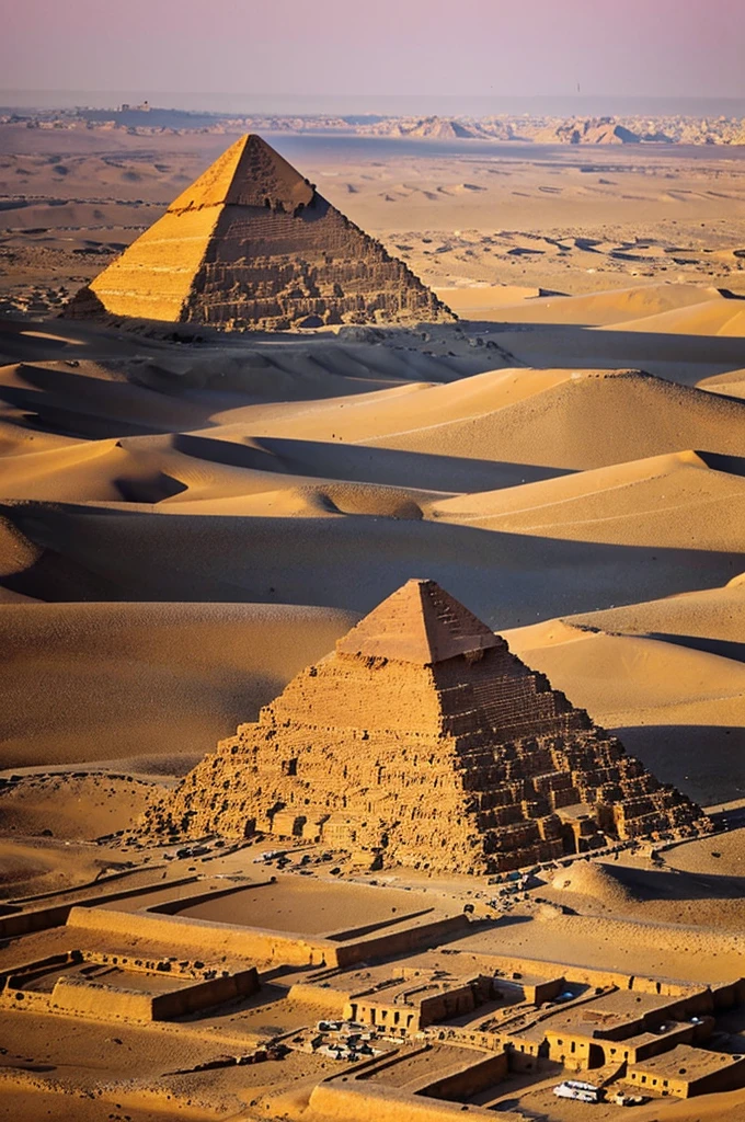Bonjour, could you generate some nice photos of the view of the Egyptian pyramids area for me,with good resolution and interesting angles, preferably at sunrise or sunset.