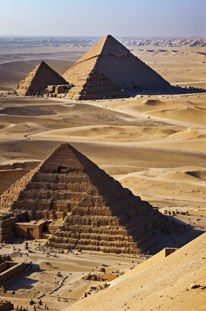 Bonjour, could you generate some nice photos of the view of the Egyptian pyramids area for me,with good resolution and interesting angles, preferably at sunrise or sunset.