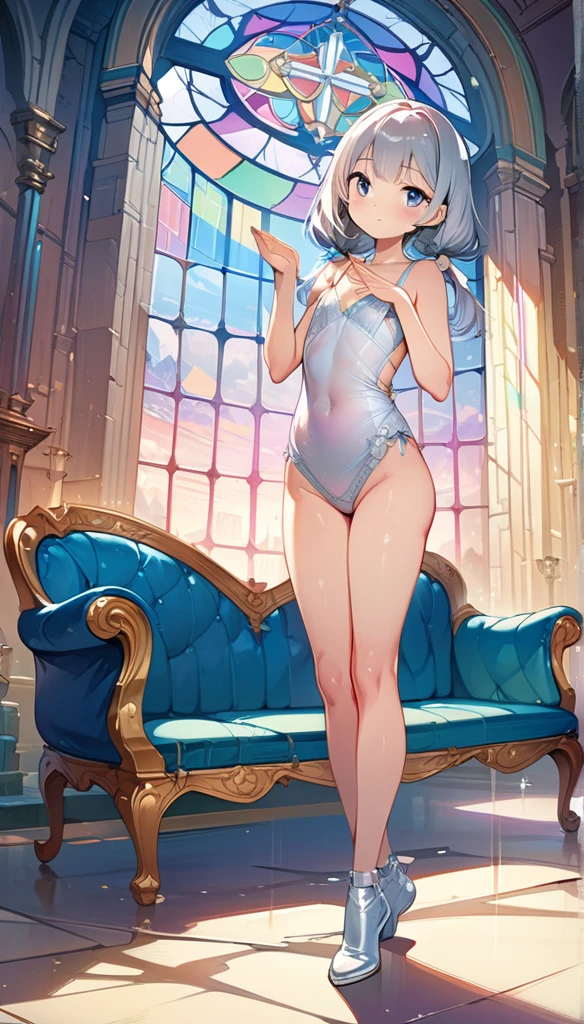 (masterpiece:1.8),(Highest quality:1.8),(Very detailed:1.8),(8k:1.8),(Ultra-fine Illustration:1.5),,,Straight low twintail,Flat Chest,Small Ass,(High-grade metallic silver,,lingerie:1.4),(Prayer Pose:1.5),Vintage sofa,,(Full body angle), Chapel,Stained glass, Rainbow Gradient,