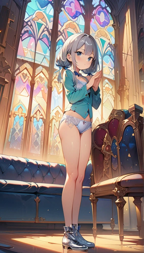 (masterpiece:1.8),(Highest quality:1.8),(Very detailed:1.8),(8k:1.8),(Ultra-fine Illustration:1.5),,,Straight low twintail,Flat Chest,Small Ass,(High-grade metallic silver,,lingerie:1.4),(Prayer Pose:1.5),Vintage sofa,,(Full body angle), Chapel,Stained glass, Rainbow Gradient,