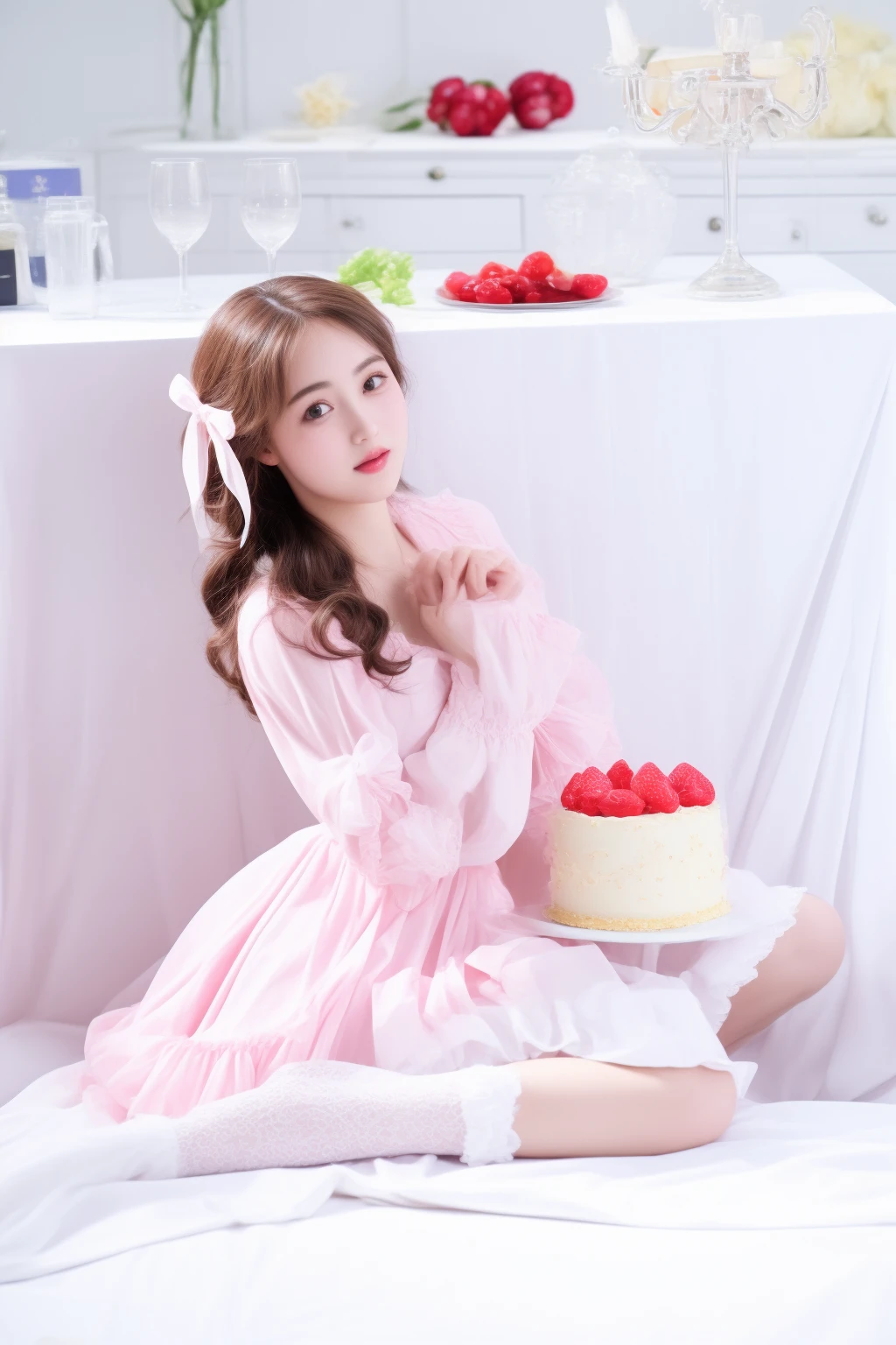 there is a woman sitting on a bed with a cake, eating cakes, loli in dress, belle delphine, portrait of magical lolita girl, chiho, lolita style, taken with canon eos 5 d mark iv, cute:2, photo taken with nikon d 7 5 0, photo taken with nikon d750, sakimi chan, lovely languid princess