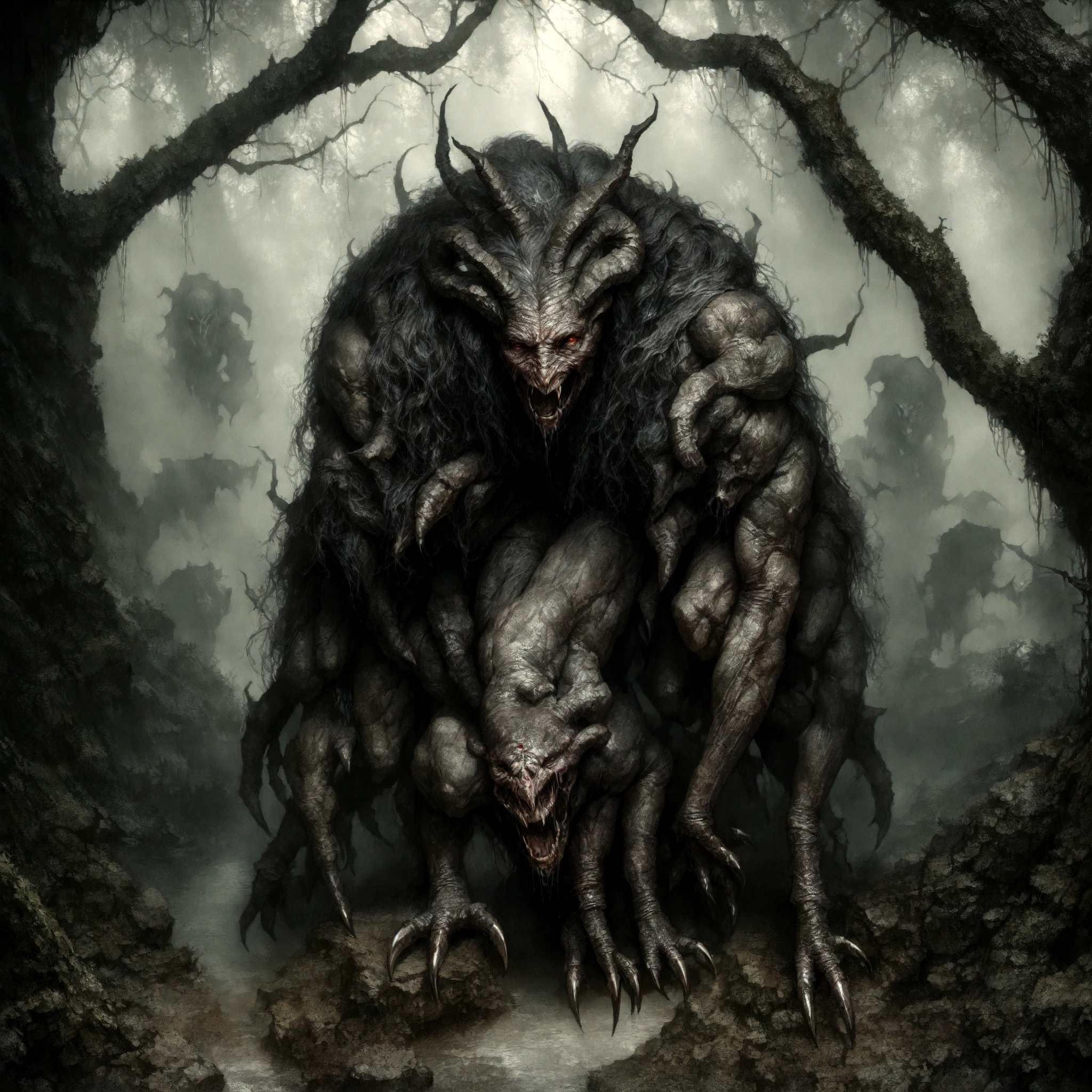 a dark fog demon, dark and mysterious fog creature, glowing red eyes, long sharp claws, nightmarish ethereal being, dark fantasy creature, shrouded in thick mist, haunting presence, malevolent supernatural entity, twisted demonic form, (best quality,8k,highres,masterpiece:1.2),ultra-detailed,(realistic,photorealistic,photo-realistic:1.37),dark fantasy art,cinematic lighting,dramatic shadows,muted color palette,moody atmosphere