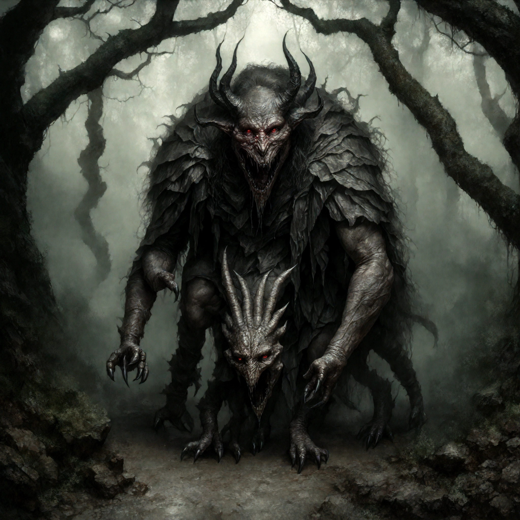 a dark fog demon, dark and mysterious fog creature, glowing red eyes, long sharp claws, nightmarish ethereal being, dark fantasy creature, shrouded in thick mist, haunting presence, malevolent supernatural entity, twisted demonic form, (best quality,8k,highres,masterpiece:1.2),ultra-detailed,(realistic,photorealistic,photo-realistic:1.37),dark fantasy art,cinematic lighting,dramatic shadows,muted color palette,moody atmosphere