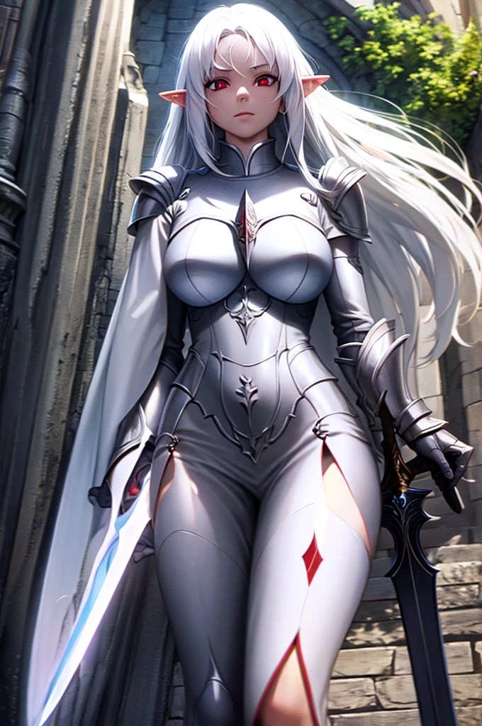 mature female elf, full body, long white hair, pointed ears, white skin, red eyes, confident expression, full plate adorned armor, right side sword
