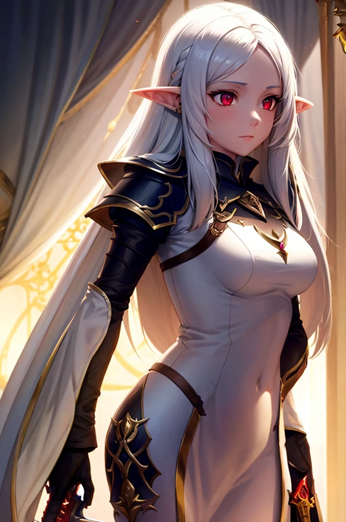 mature female elf, full body, long white hair, pointed ears, white skin, red eyes, confident expression, full plate adorned armor, right side sword