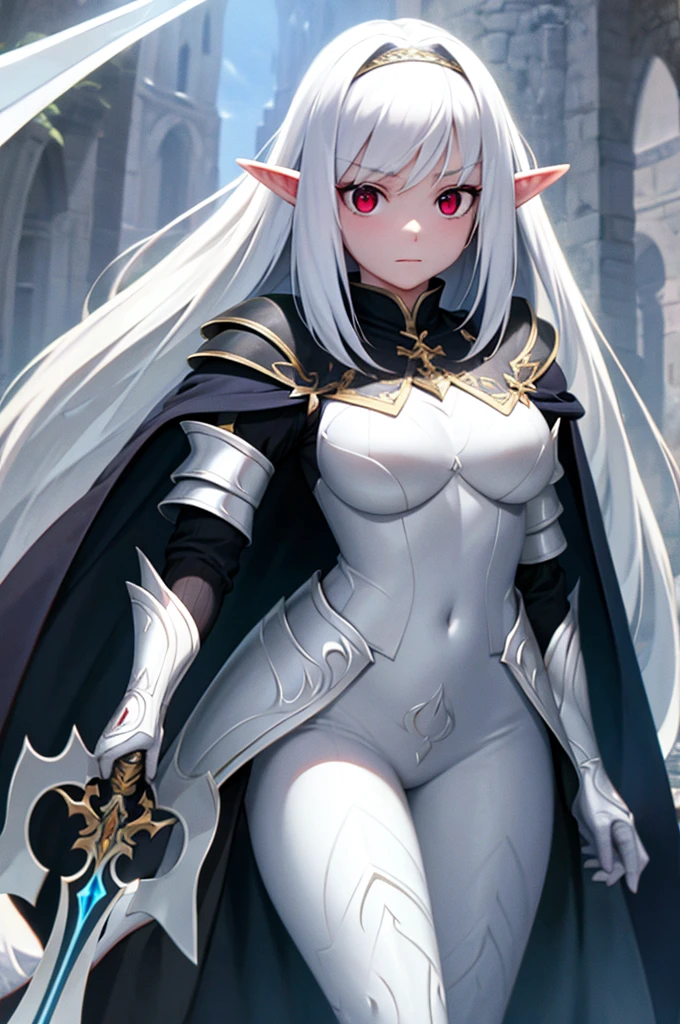 mature female elf, full body, long white hair, pointed ears, white skin, red eyes, confident expression, full plate adorned armor, right side sword