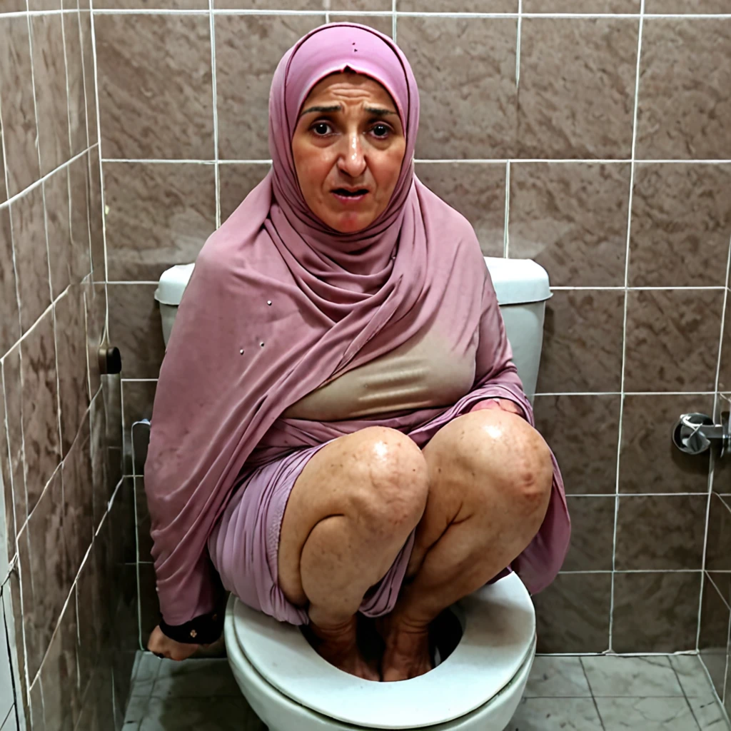 Kurdish mature older Woman in hijab sitting at toilet pooing 