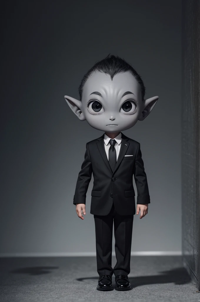 Small gray alien wearing a black business suit and black shoes, big head, big black eyes, very short, very skinny, as talk show host
