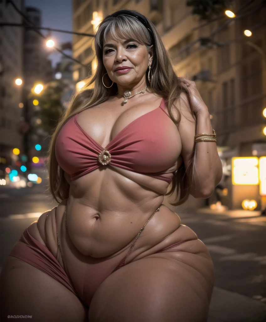 Beautiful 65 year old grandmother, mulher idosa de cabelos brancos, with her back to the camera showing a huge ass, cintura muito fina, quadril largo, beautiful grandmother, linda velha, night and urban scenery with bokeh and flares on camera