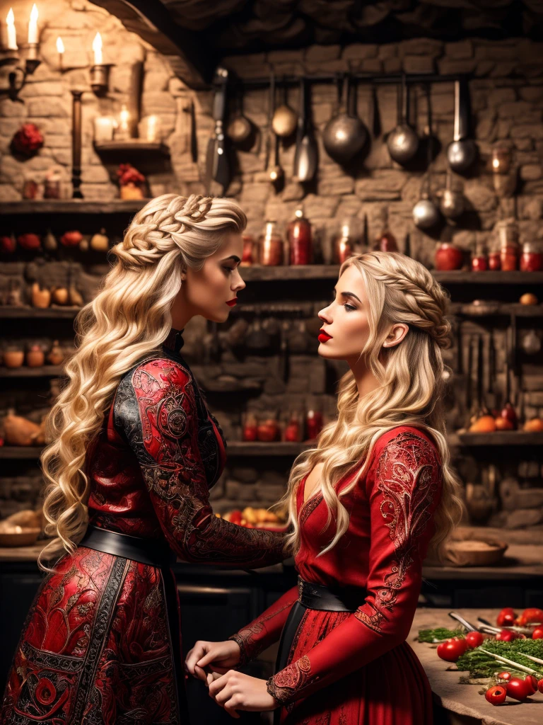 (side view), beautiful girl, blonde, red lips, (in red-black dress), cooking in medieval kitchen, medieval oven, meat, knife, vegetables, (detailed background:1.5), (intricate environment details), (hyperdetailed), (detailed skin and hair texture)+++, (ultra realism), (8K UHD), (ultra quality), (dslr)