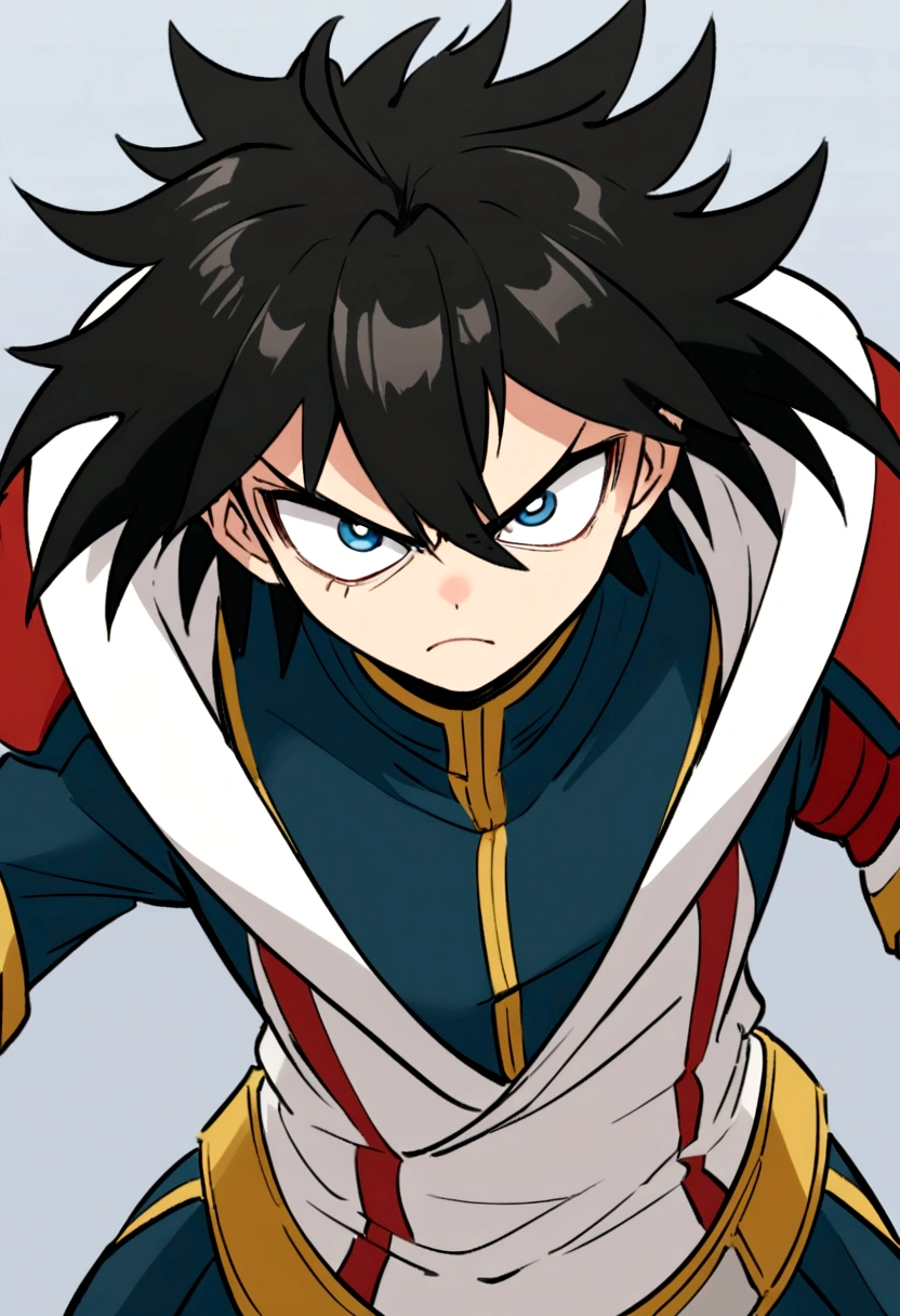 Captura de pantalla my hero academy .Hombre, cabello negro y azul corto, ojos amarillos intensos, pecas en la cara y una cicatriz en el ojo izquierdo, has a serious expression, lleva puesto el uniforme de la UA saco gris y corbata roja. En un anbiente escolar