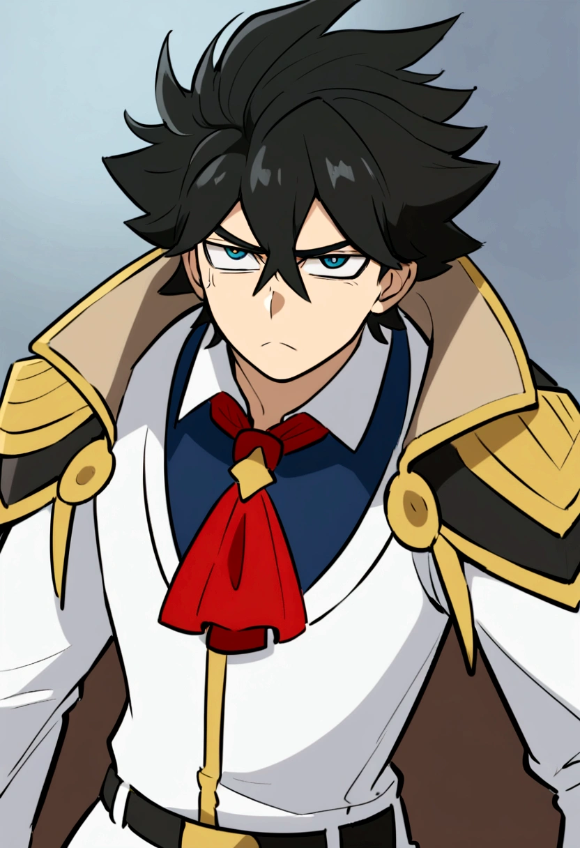 Captura de pantalla my hero academy .Hombre, cabello negro y azul corto, ojos amarillos intensos, pecas en la cara y una cicatriz en el ojo izquierdo, has a serious expression, lleva puesto el uniforme de la UA saco gris y corbata roja. En un anbiente escolar 