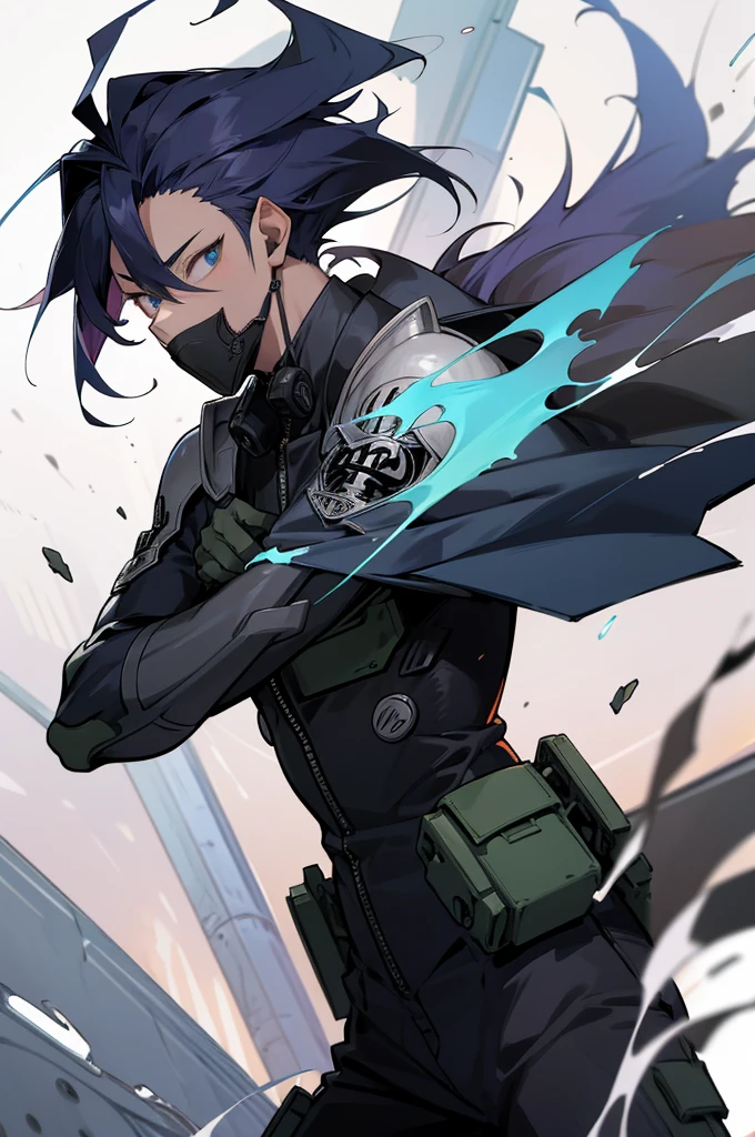 Party mask in hand,Anime boy with blue hair and black jacket looking at camera, Badass anime 8 K, anime moe art style, style of anime4 K, Anime boy, young anime man, handsome guy in demon killer art, Tall anime guy with blue eyes, Anime art wallpaper 4 K, Anime art wallpaper 4k, Anime art wallpaper 8 K, Anime wallpaper 4K, Anime wallpaper 4k for a boy, 20 years old, Dark clothing, mask in hand, Gradient hair, ahoge, Asymmetrical hair, bangs, Black hair, hair behind ear, side locks, hair splayed out, Hairline, Antenna hair, mask removed, Gradient eyes, devil pupils, Light smile, tachi-e, Cowboy shot, From the side Side, retinas, Textured skin, Anatomically correct, Anatomically correct,full bodyesbian