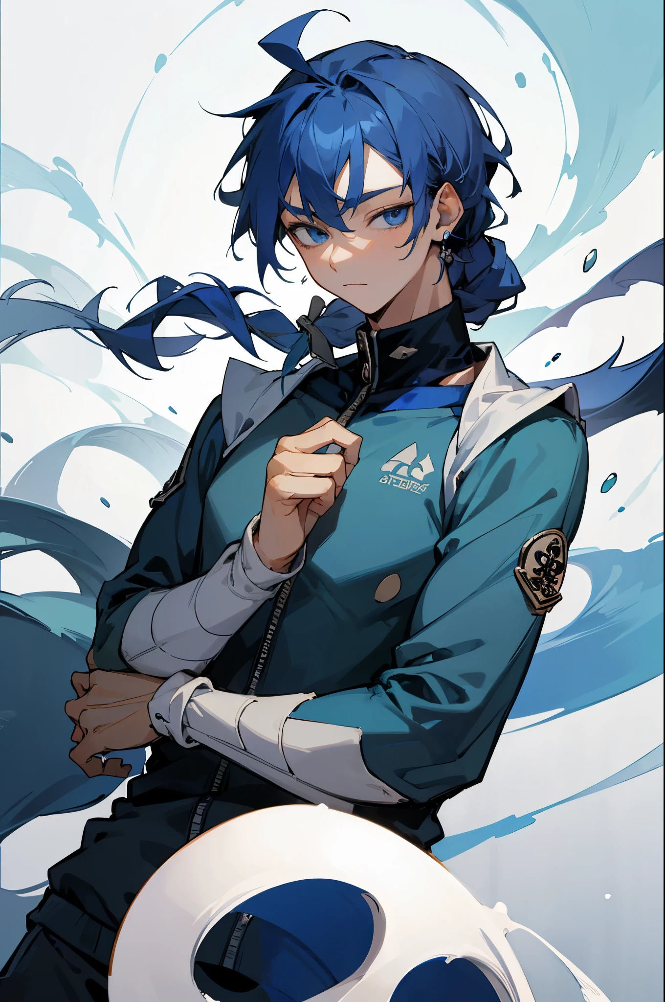 masterpiece, best quality, high quality, 1boy, solo, male focus, looking at viewer, upper body, aladdin_magi, blue hair, braid, long hair, blue eyes, jewelry, , , track suit