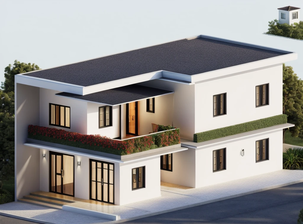 The house, The town house is made from white walls, beautyful light, beautyfulday, sunny, Many red bougainvilleas along the road:1.3, lovely youthful feeling :1.2, sunlight at 12 noon, Very beautiful shadows