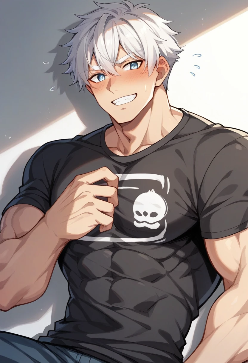 double eyelid、male、Muscular、Foreigners、White skin、smile、Smiling with teeth showing、White Hair、Set hairstyle、T-Shirts、Under the blazing sun、sunlight、summer、Dazzling、20th Generation、Bony face、tall、White eyebrows、Narrow eyes、Light blue eyes、Perfect figure、masterpiece、Real People、Embarrassed、Nature