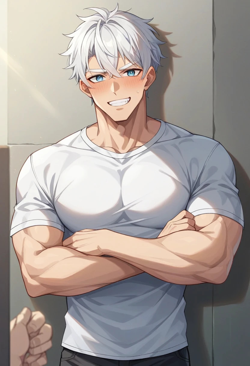 double eyelid、male、Muscular、Foreigners、White skin、smile、Smiling with teeth showing、White Hair、Set hairstyle、T-Shirts、Under the blazing sun、sunlight、summer、Dazzling、20th Generation、Bony face、tall、White eyebrows、Narrow eyes、Light blue eyes、Perfect figure、masterpiece、Real People、Embarrassed、Nature