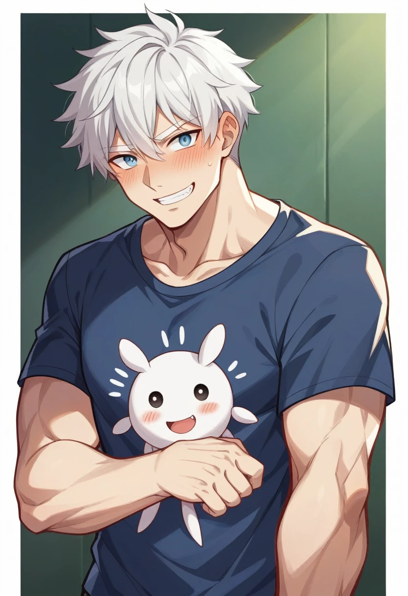 double eyelid、male、Muscular、Foreigners、White skin、smile、Smiling with teeth showing、White Hair、Set hairstyle、T-Shirts、Under the blazing sun、sunlight、summer、Dazzling、20th Generation、Bony face、tall、White eyebrows、Narrow eyes、Light blue eyes、Perfect figure、masterpiece、Real People、Embarrassed、Nature