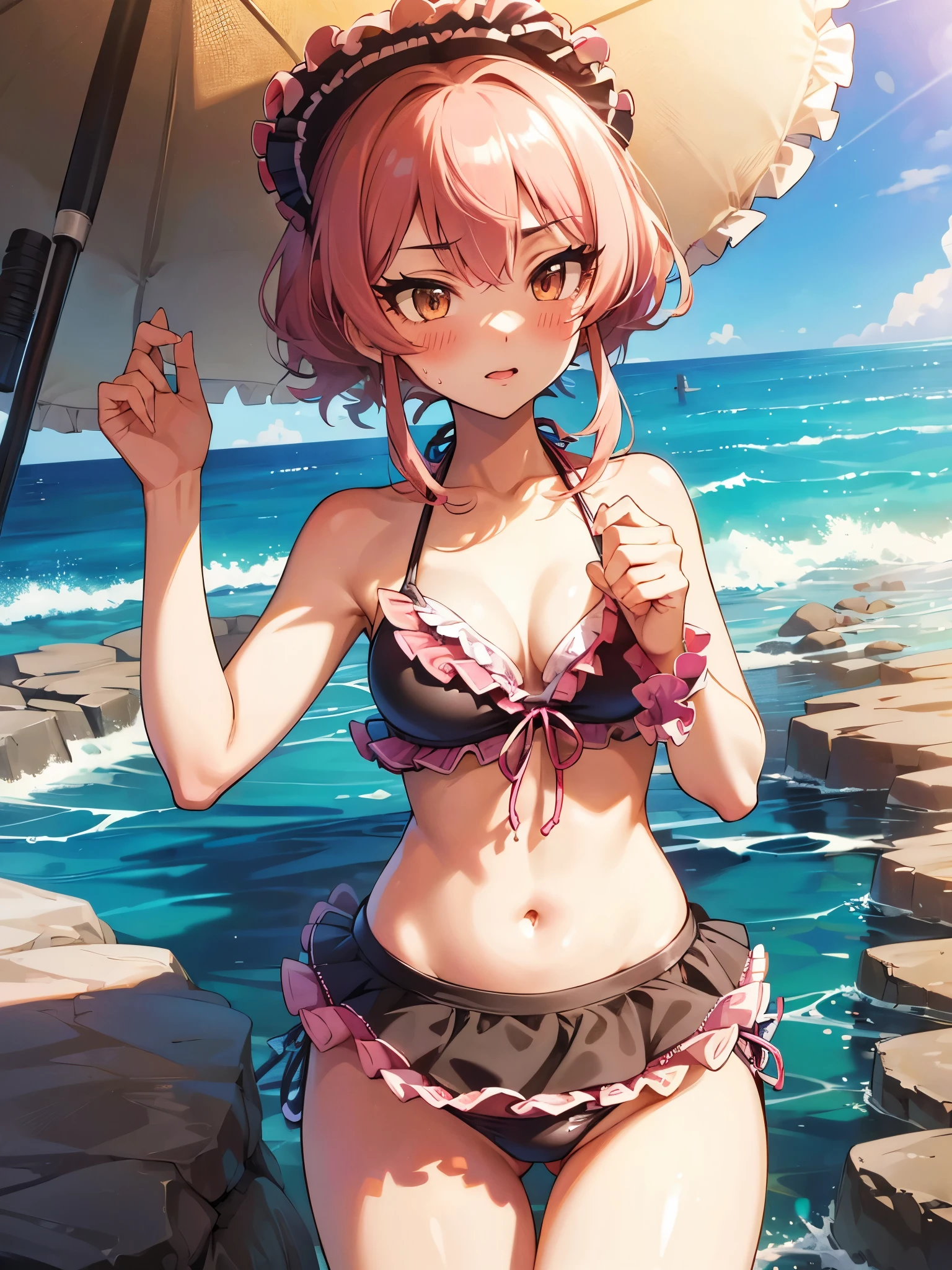 NSFW,Amica,(High-quality frill bikini:1.5),(Perfect hands),(Perfect Anatomy),(masterpiece),(Highest quality),Embarrassed,blush,beach,Palm tree,Rock Shade