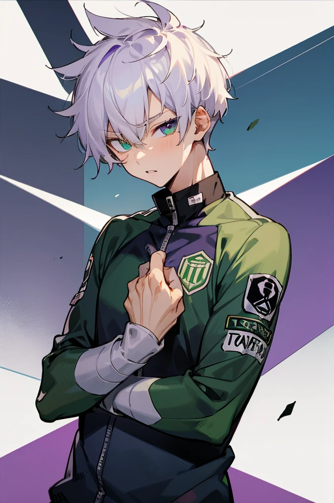 (1boy,masculino,Short hair,(alone)),soccer uniform , heterochromia , one eye green , one eye purple
