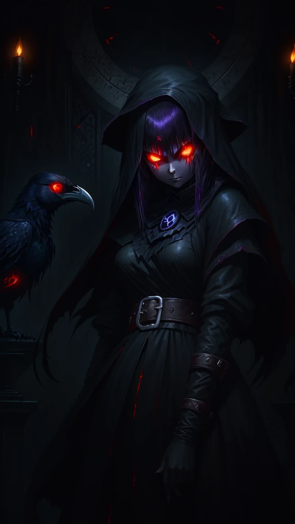 girl, dark, glowing eyes, evil, evil and scary look, raven nearby