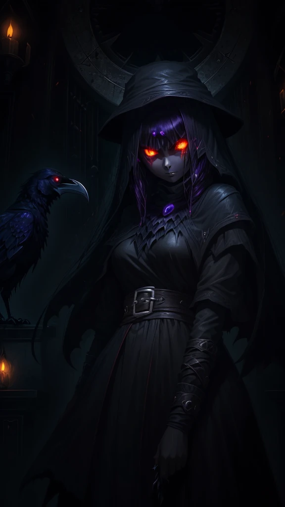 girl, dark, glowing eyes, evil, evil and scary look, raven nearby